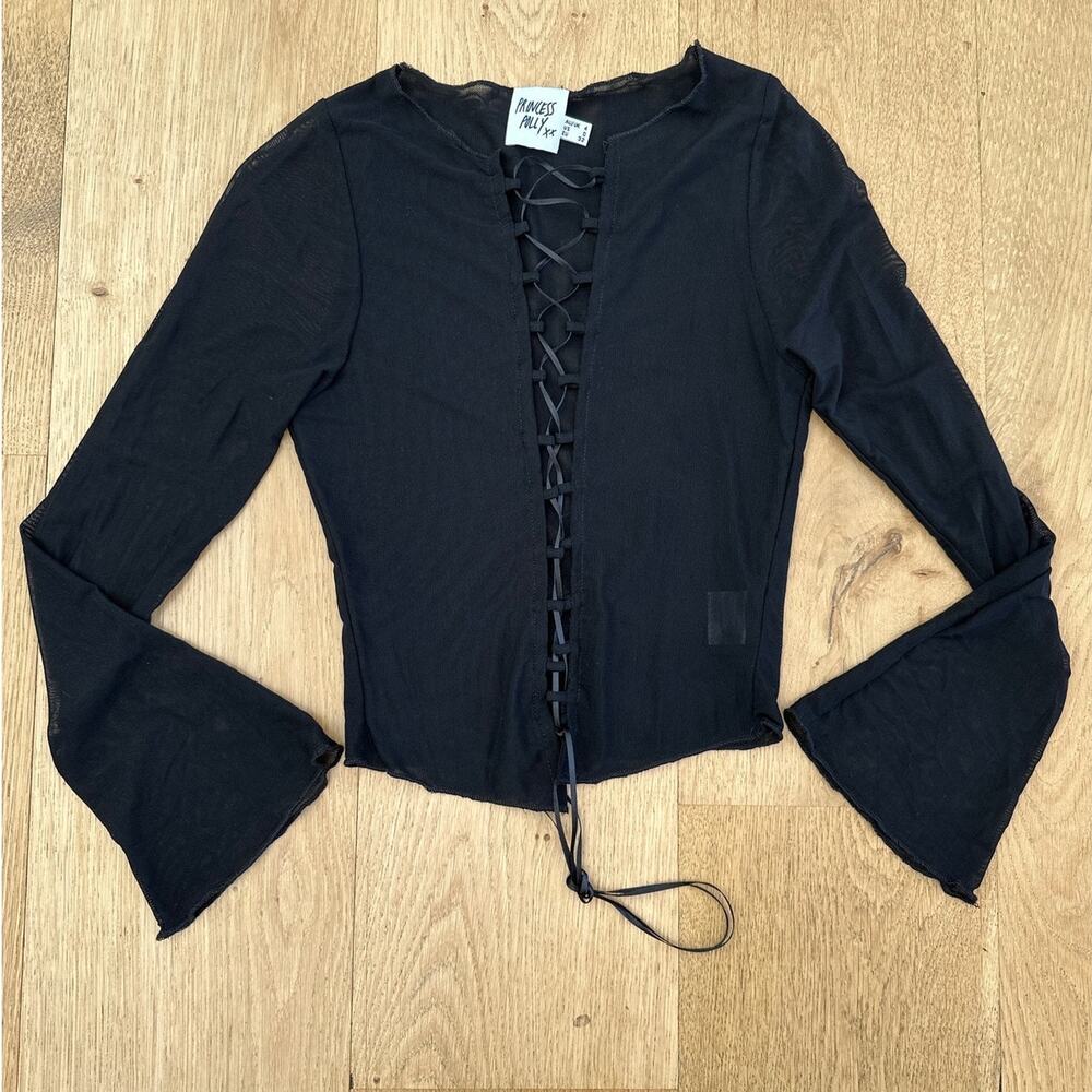 Princess Polly - Semi Sheer Lace Up Front Long Flare Sleeve Top in Black